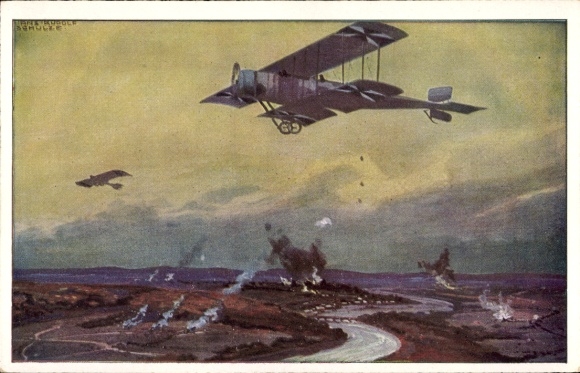 Artist Postcard Schulze, Hans Rudolf, Military biplane on reconnaissance flight on the Marne, I. WK