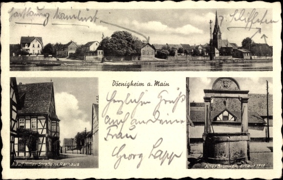 Postcard Dörnigheim am Main, Adolf Hitler Street, town hall, fountain