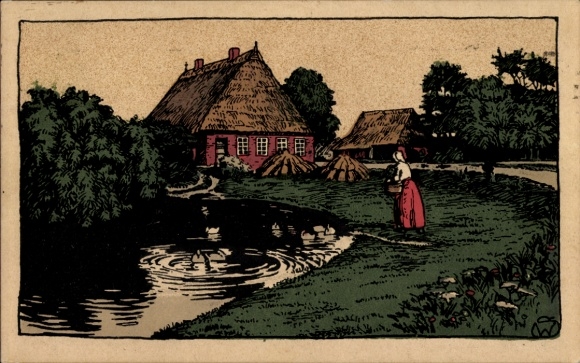 Steindruck Künstler Ak Schleswig Holstein, Bauernhäuser