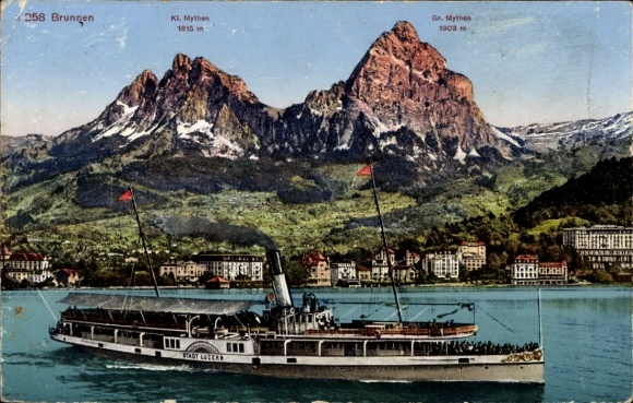 Postcard fountain Kt Schwyz, steamer city of Lucerne, small myths, large myths