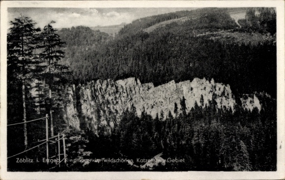 Postcard Zöblitz Marienberg in the Ore Mountains, mountain landscape, forest, rocks, Katzenschanze