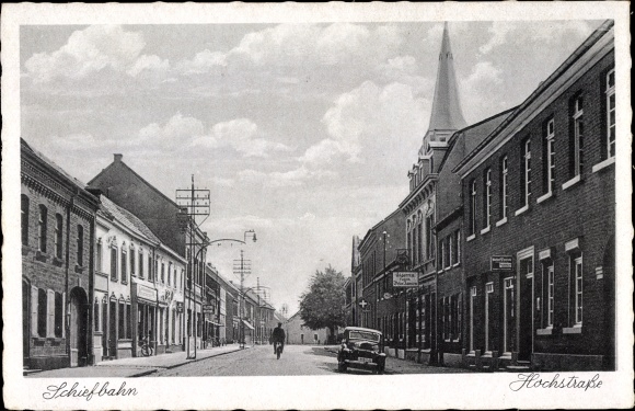 Postcard Schiefbahn Willich am Niederrhein, elevated road, church tower, car