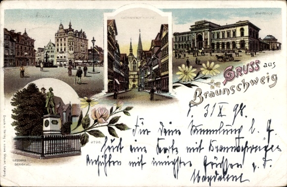 Chromo-Litho Braunschweig in Lower Saxony, Catharinen Church, Market, Railway Station, Lessing Monument