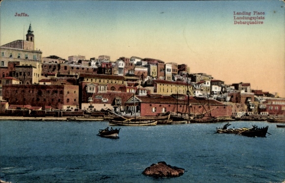 Postcard Tel Aviv Jaffa Israel, landing stage, harbor view, boats, houses