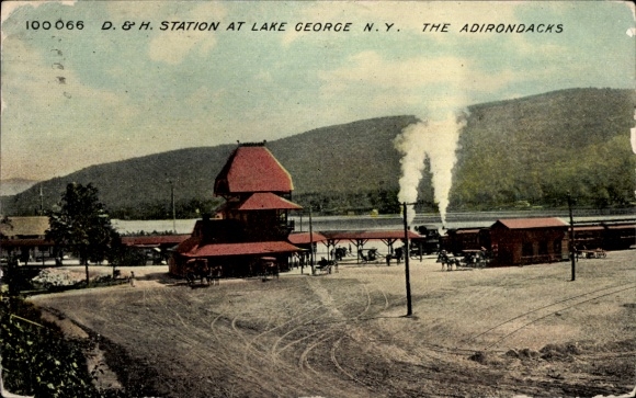 Postcard Lake George New York USA, train station, Adirondacks