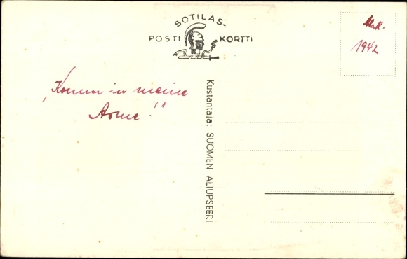 Artist Postcard Sanoista ei saada siltoja, Woman balancing on a footbridge, Finnish soldier