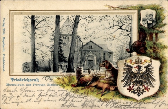 Gepreegd wapenschild passe-partout Ak Friedrichsruh Aumühle in het hertogdom Lauenburg, Mausoleum van Bismarck