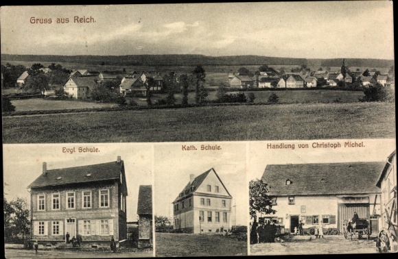 Postcard Reich im Hunsrück, Protestant and Catholic school, plot, total view