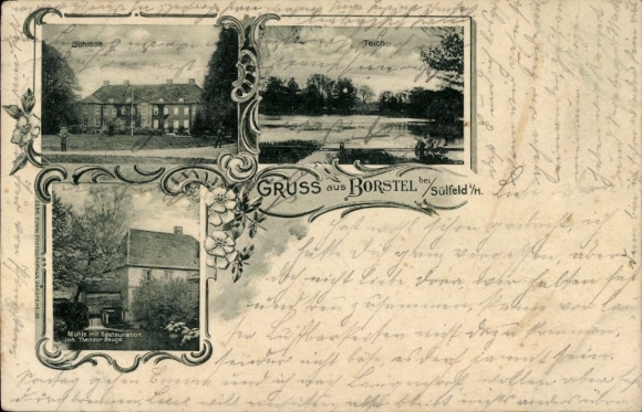 Postcard Borstel Sülfeld in Schleswig Holstein, castle, watermill, pond