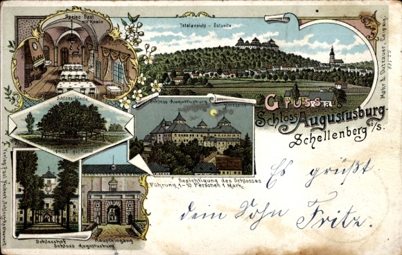 Litho Augustusburg im Erzgebirge, Totalansicht, Schloss, Linde, Speisesaal, Schlosshof