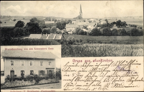 Ak Aunkirchen Vilshofen an der Donau Kreis Passau, Warenhandlung von den Schwestern Goss, Ort