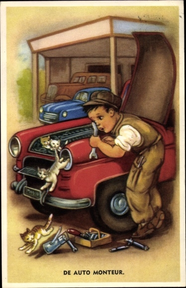 Postcard boy as a mechanic and cats, De Auto Monteur