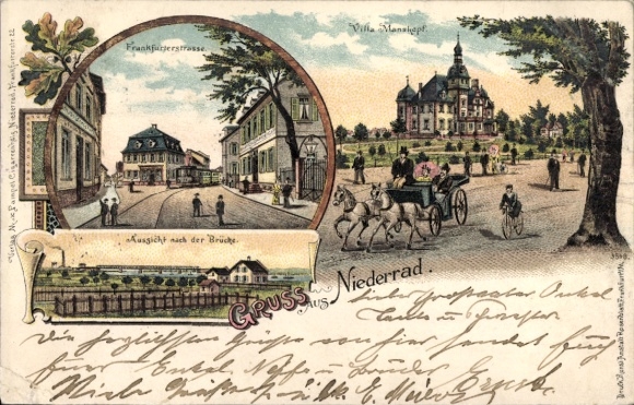 Litho Niederrad Frankfurt am Main, Frankfurter Straße, Villa Manskopf, Kutsche, Brücke