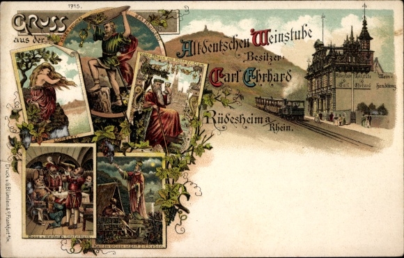 Chromo-Litho Rüdesheim am Rhein Hesse, Old German Wine Bar, Loreley, Father Rhine, Hagen