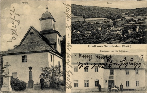 Postcard Schmieden Uhlstädt Kirchhasel an der Saale, general view, inn, church
