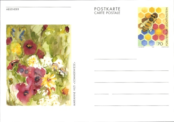 Postal stationery artist PC summer meadow, Fürstenstein Liechtenstein, bee