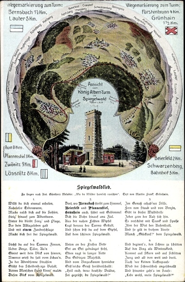 Chromo-Litho Grünhain Beierfeld in the Erzgebirge of Saxony, King Albert Tower, Spiegelwald, Spiegelwaldlied