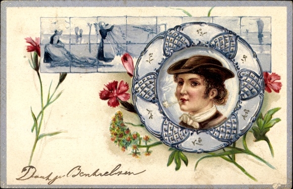Embossed Chromo-Litho Smoking boy, pipe, portrait, flowers, women on the shore, bedclothes