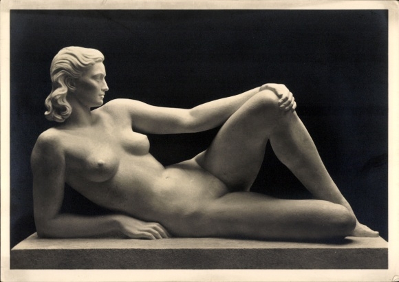 Postcard sculpture The Wave by Fritz Klimsch, female nude, HdK 427, Photo Hoffmann