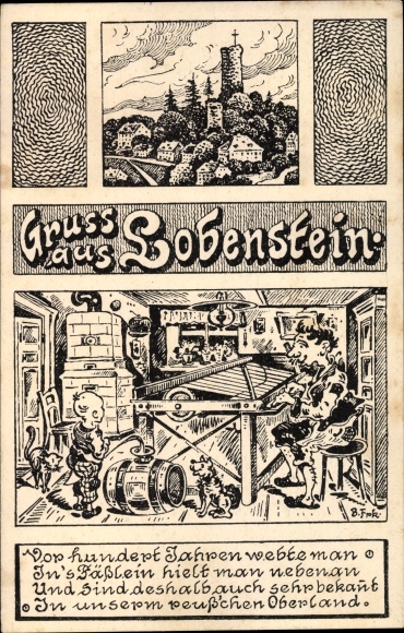 Künstler Ak Bad Lobenstein Thüringen, Gesamtansicht der Stadt, Fass, Weber