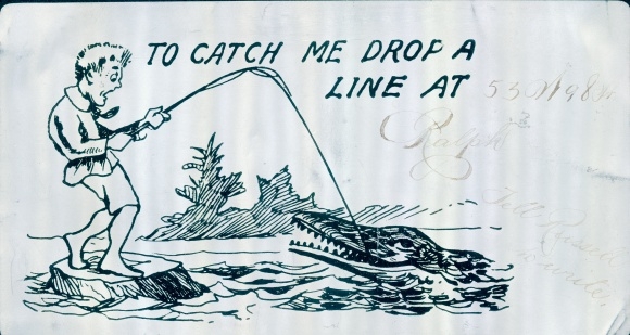 Metall Postcard To cath me drop me a line, Angler hat Krokodil am Haken