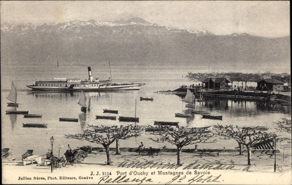 KP Ouchy Lozanna Kanton Vaud, widok na port, statek parowy, łodzie, góry w tle, z Genewy