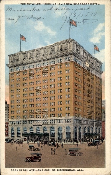 Ansichtkaart Birmingham Alabama, VS, "THE TUTWILER." Birmingham's New Hotel, hoek van 5th Ave. en 20th St., s
