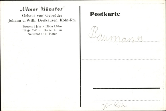 Ansichtkaart Ulmer Münster, gebroeders Johann en Wilhelm Dreikausen uit Keulen