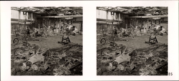 Stereo spatial image photo &quot;The Battle in the West&quot; No. 85 French destroyed by Stukas. airplane shed
