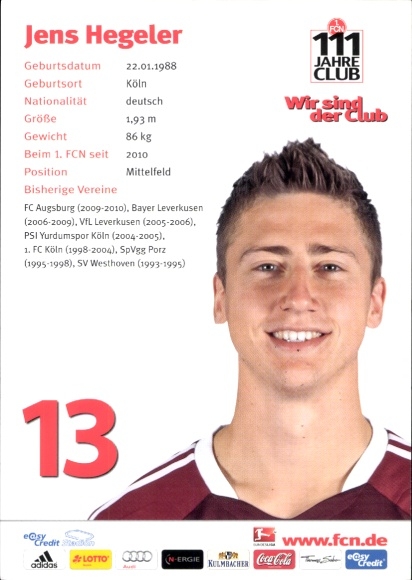 Autograph card footballer Jens Hegeler, 1. FC Nuremberg, autograph