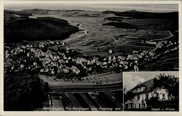 Ak Würtingen St. Johann Schwäbische Alb Württemberg, Luftaufnahme von  Gasthaus zur Krone, ländli