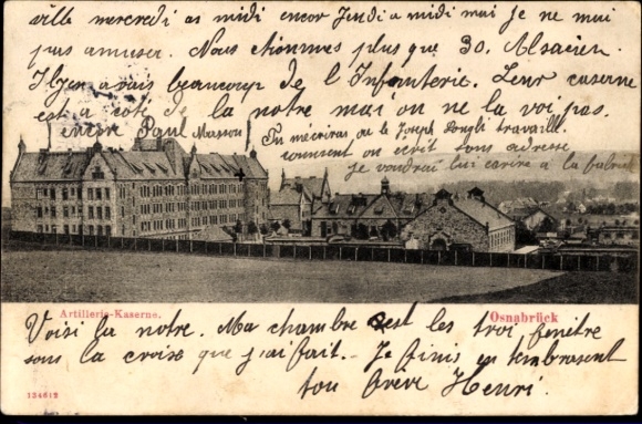 Ak Osnabrück in Niedersachsen, Artilleriekasernen, Militärgebäude, französische Truppen, Hakenkre