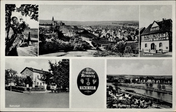 Postcard Halsheim am Rhein, vineyard, train station, town hall, general view