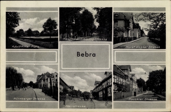 Postcard Bebra on the Fulda in Hesse, Nürnberger Strasse, Kasseler Strasse, Pfarrstrasse