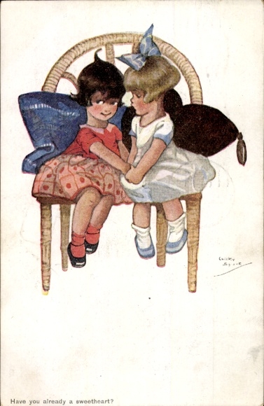 Artist Postcard Spark, Chicky, Two girls on a wicker chair