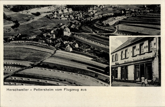 Ansichtkaart Herschweiler Pettersheim in de Pfalz, luchtfoto, warenhuis Theobald Müller