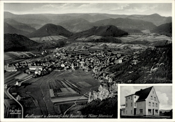 Postcard Hauenstein in der Pfalz, aerial photograph, Gasthaus zum Felsentor, Palatinate Rock Country