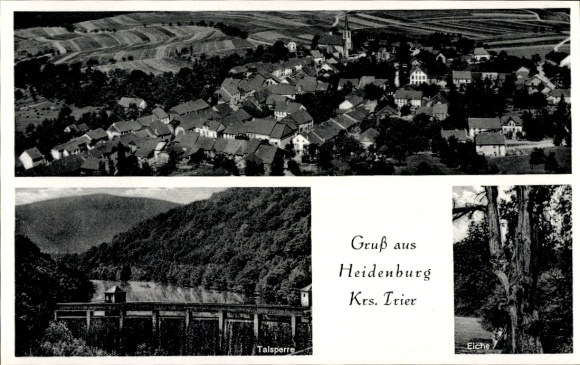 Postcard Heidenburg in the Hunsrück, black and white pictures, dam, oak tree, greetings from Heidenburg