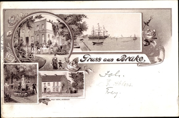 Chromo-Litho Brake on the Lower Weser in Oldenburg, sailing ship, inn