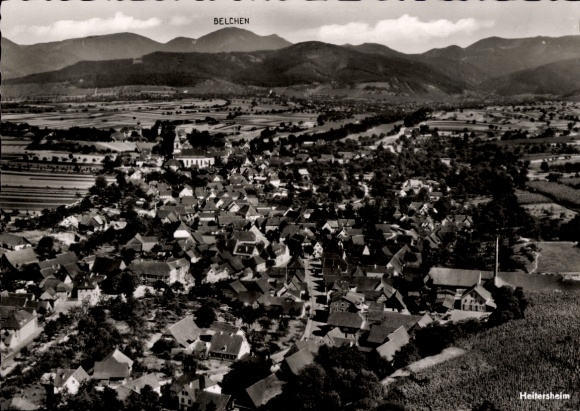 Postcard Heitersheim in the Black Forest, aerial view of Belchen in the background, many roofs, green field