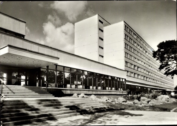 Picture of Ostseebad Zinnowitz on Usedom, front view of a modern building, stairs, trees, clouds