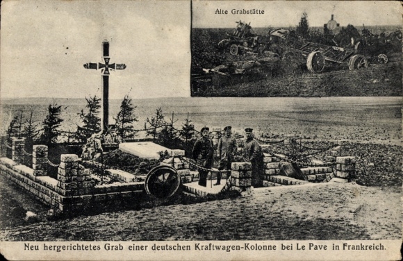 Postcard Le Pavé Verdun Lorraine Meuse, newly restored grave of a German motor vehicle column, I. WK