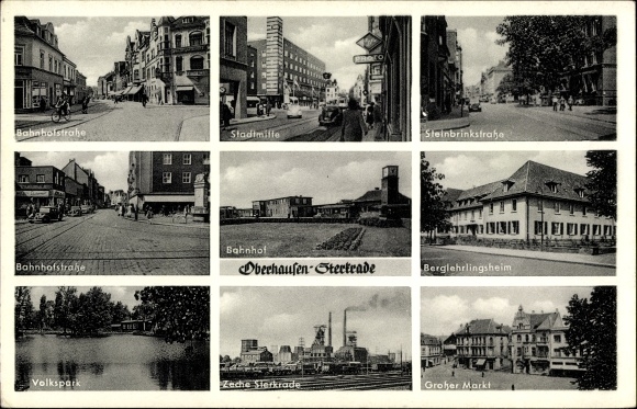 Postcard Sterkrade Oberhausen in the Ruhr area, train station, colliery, large market, Steinbrinkstraße