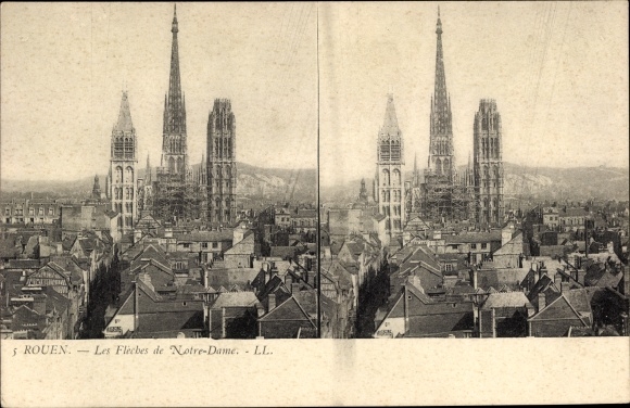 Stereo Postcard Rouen Seine-Maritime, Les Fleches de Notre-Dame