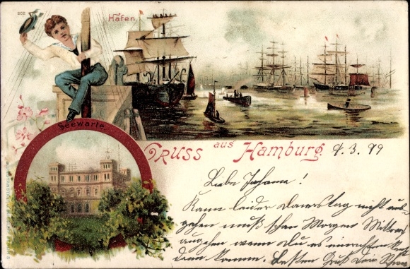 Litho Hamburg, Segelschiffhafen mit Seewarte, Matrose am Mast