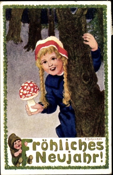 Artist Postcard Schenkel, Franziska, Happy New Year, girl, fly agaric