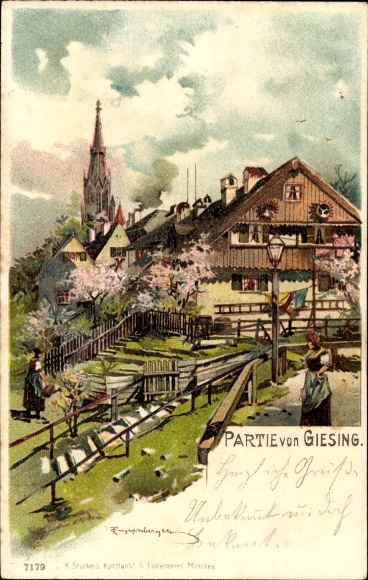 Artist Chromo-Litho Guggenberger, Thomas, Giesing Munich Bavaria, partial view of the village