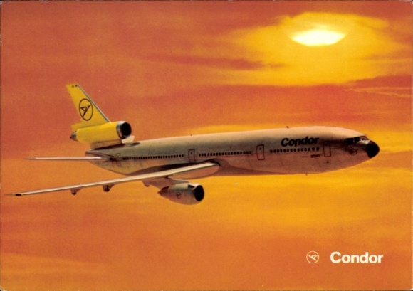 Postcard passenger aircraft Condor DC-10-30, sunset