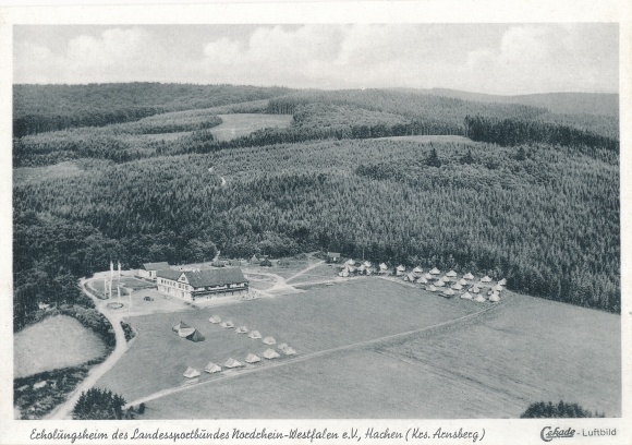 Postcard Hachen Sundern in the Sauerland, aerial photo, convalescent home state sports association NRW, tents, forest