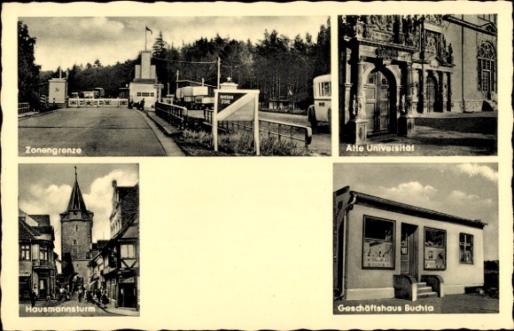 Ak Helmstedt in Nedersaksen, zonegrens, oude universiteit, Hausmannsturm, commercieel gebouw Buchta